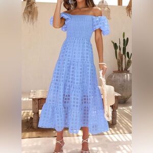 NWT- PRETTYGARDEN Puffy Sleeve Square Neck Smocked Tiered Midi Dress